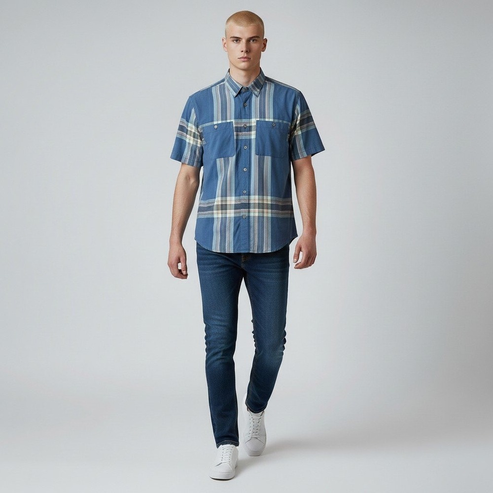 Tommy Bahama Button Up Shirt XXL Blue Plaid Cotton Linen Short Sleeve Casual